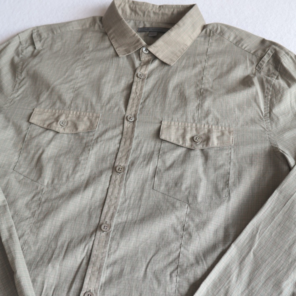 John Varvatos Mens W362Q1 Grey Green Plaid Button Down Shirt L Cotton Epaulets